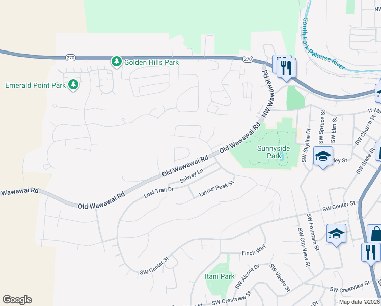 map of restaurants, bars, coffee shops, grocery stores, and more near 1257 Big Sky Court in Pullman