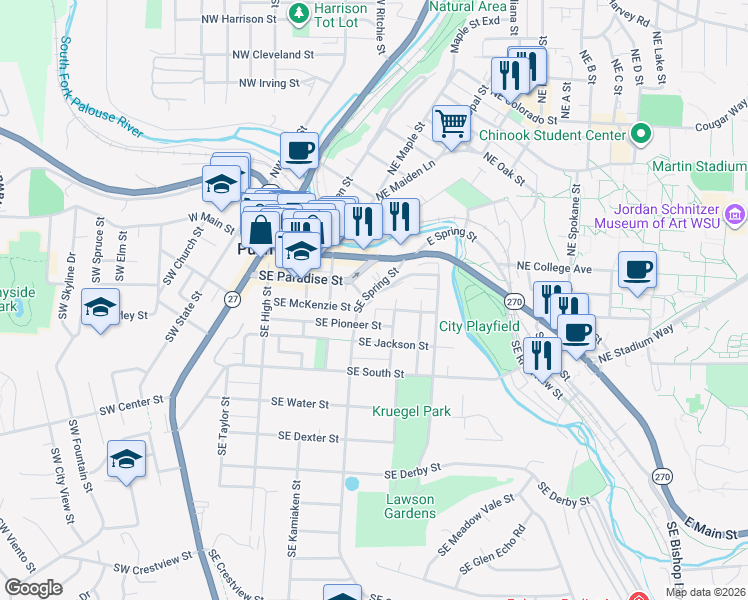 map of restaurants, bars, coffee shops, grocery stores, and more near 540 Southeast McKenzie Street in Pullman