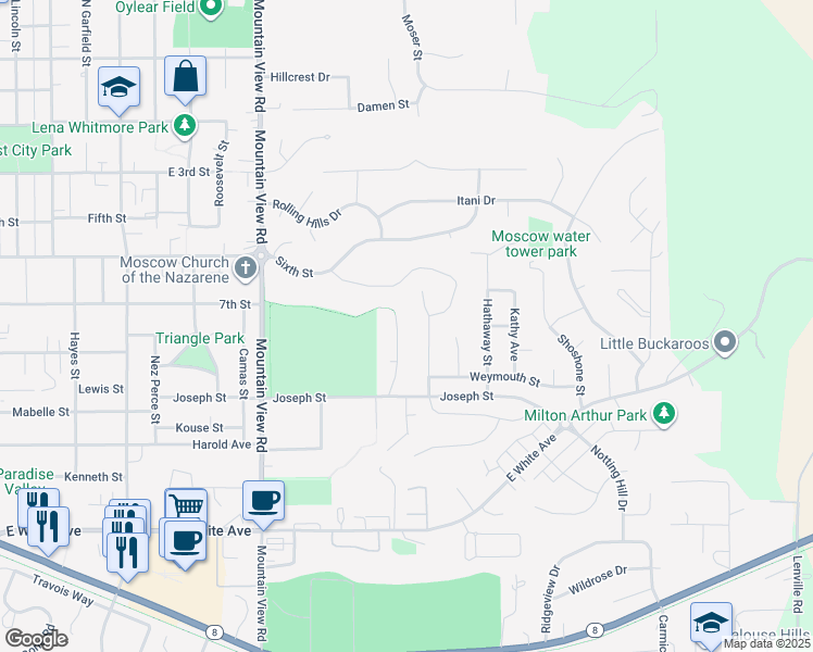 map of restaurants, bars, coffee shops, grocery stores, and more near 810 Meadow Street in Moscow