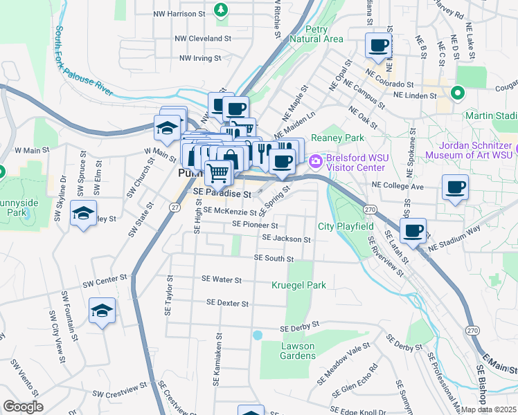 map of restaurants, bars, coffee shops, grocery stores, and more near 420 Southeast Pioneer Street in Pullman