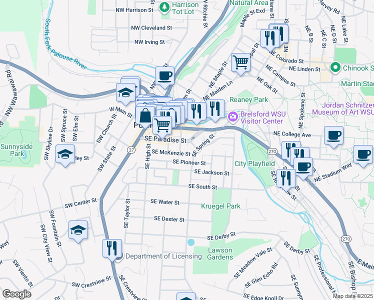 map of restaurants, bars, coffee shops, grocery stores, and more near 420 Southeast Pioneer Street in Pullman