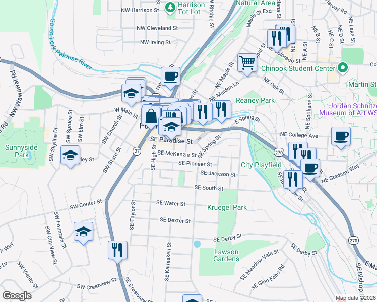 map of restaurants, bars, coffee shops, grocery stores, and more near 420 Southeast Pioneer Street in Pullman