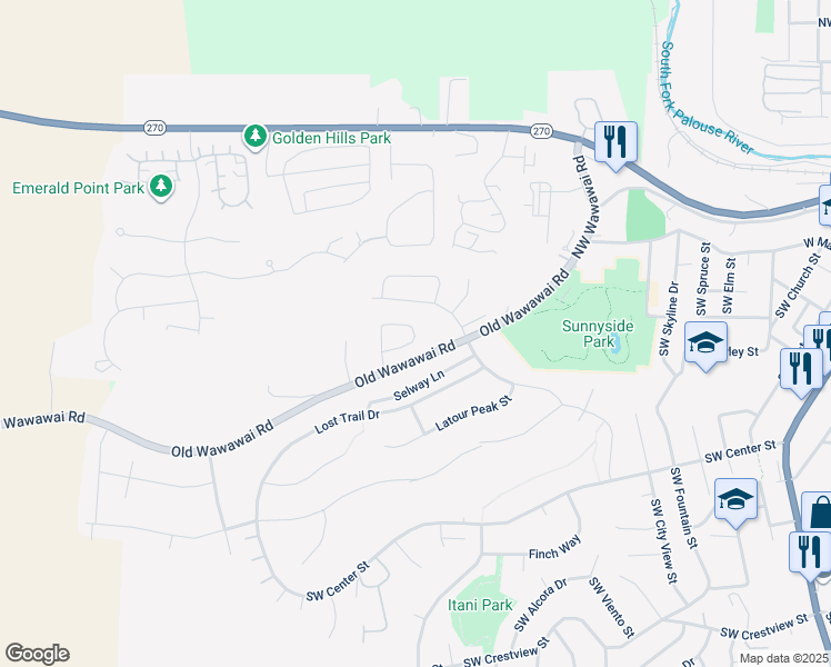 map of restaurants, bars, coffee shops, grocery stores, and more near 1257 Big Sky Court in Pullman