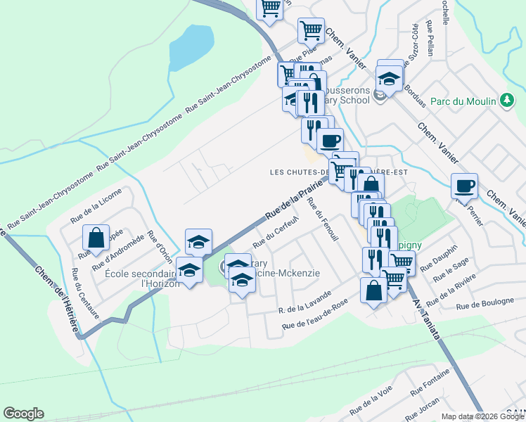 map of restaurants, bars, coffee shops, grocery stores, and more near 1055 Rue de la Prairie in Lévis