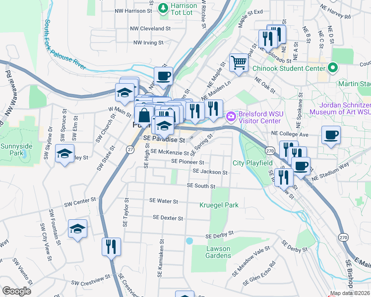 map of restaurants, bars, coffee shops, grocery stores, and more near 420 Southeast Pioneer Street in Pullman