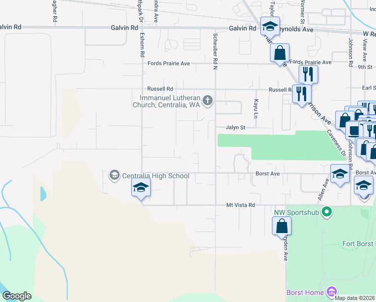 map of restaurants, bars, coffee shops, grocery stores, and more near 3210 McKinley Lane West in Centralia