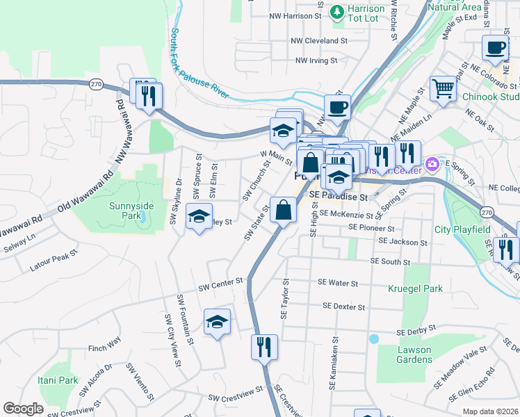 map of restaurants, bars, coffee shops, grocery stores, and more near 338 Southwest State Street in Pullman