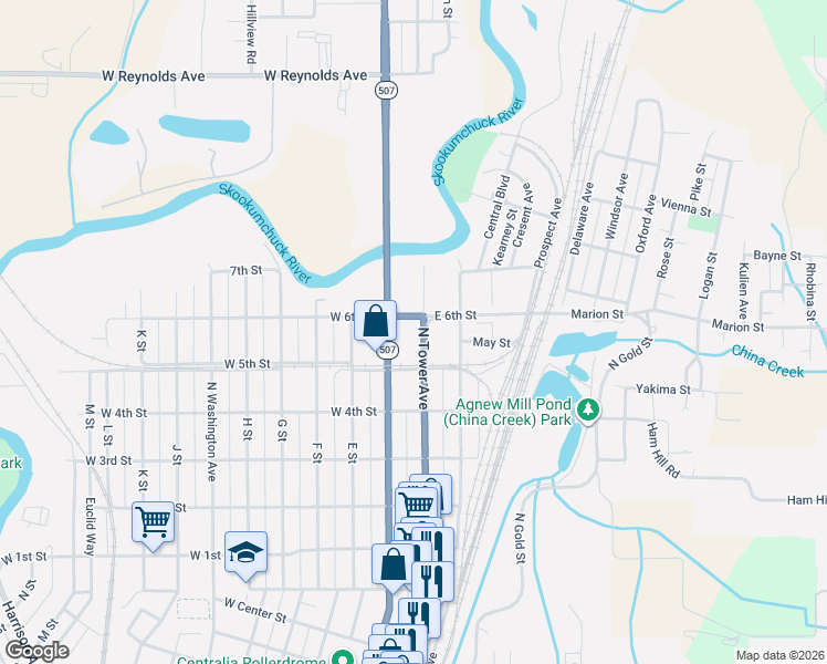 map of restaurants, bars, coffee shops, grocery stores, and more near 1100 North Tower Avenue in Centralia