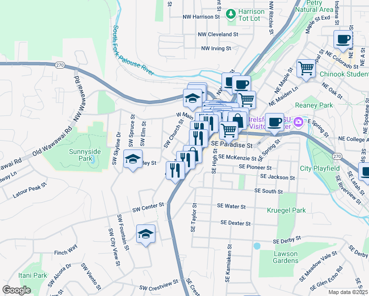 map of restaurants, bars, coffee shops, grocery stores, and more near 338 Southwest State Street in Pullman