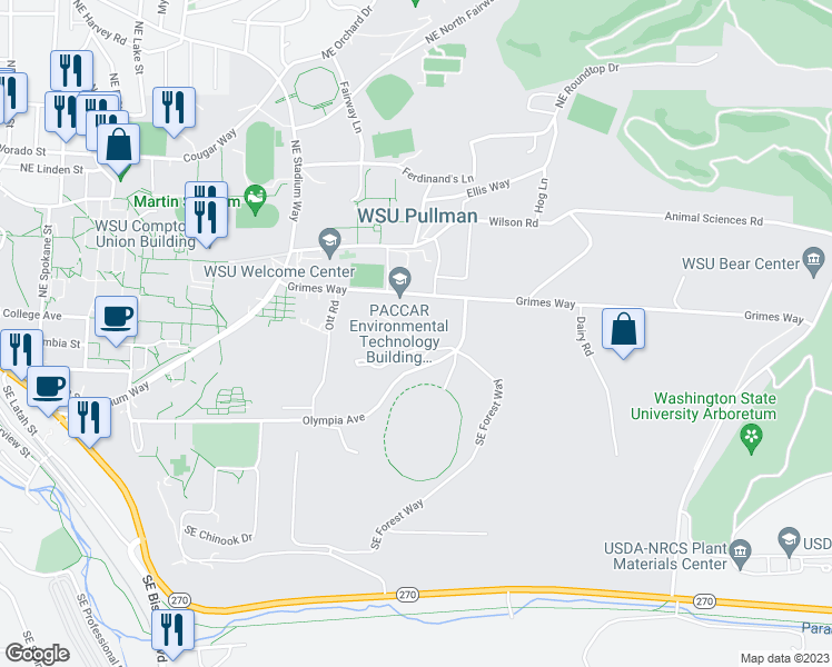 map of restaurants, bars, coffee shops, grocery stores, and more near in Pullman