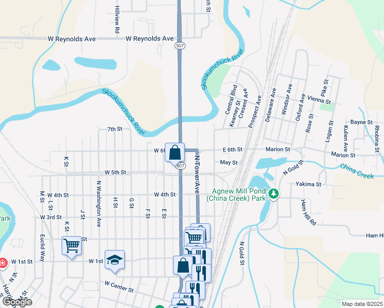 map of restaurants, bars, coffee shops, grocery stores, and more near 1125 North Tower Avenue in Centralia