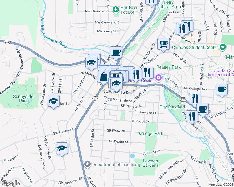 map of restaurants, bars, coffee shops, grocery stores, and more near 220 Southeast Kamiaken Street in Pullman
