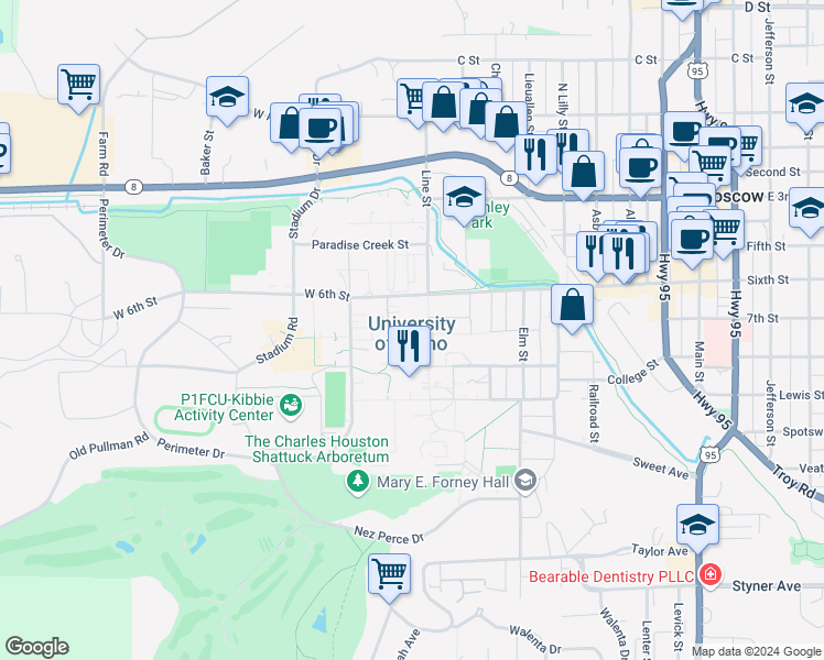 map of restaurants, bars, coffee shops, grocery stores, and more near 709 South Deakin Street in Moscow