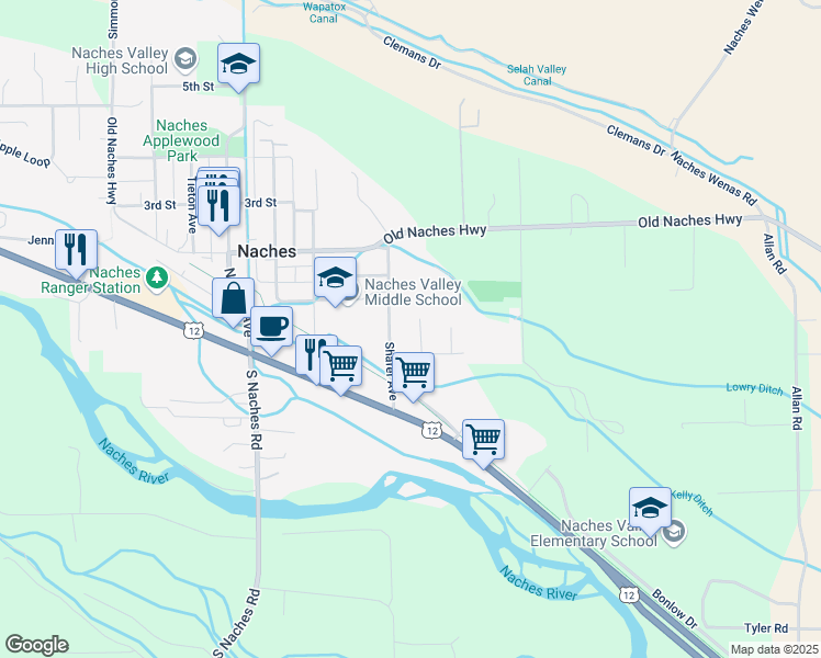 map of restaurants, bars, coffee shops, grocery stores, and more near 43 Shafer Avenue in Naches