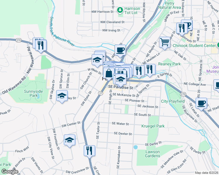 map of restaurants, bars, coffee shops, grocery stores, and more near in Pullman
