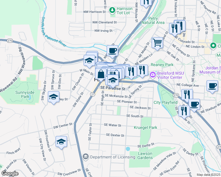 map of restaurants, bars, coffee shops, grocery stores, and more near in Pullman