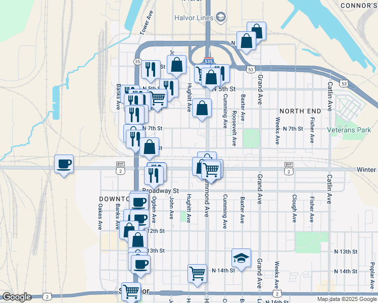 map of restaurants, bars, coffee shops, grocery stores, and more near 1505 North 8th Street in Superior