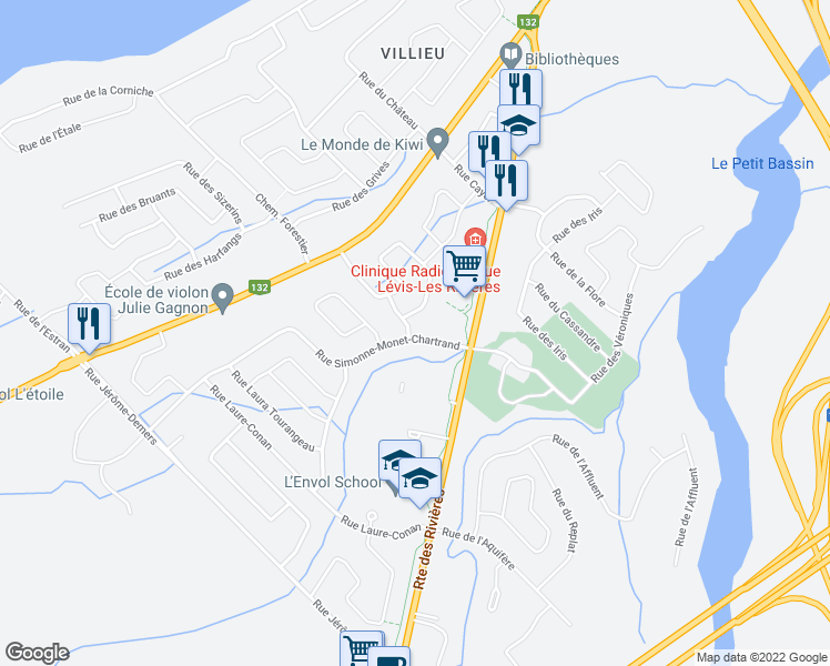 map of restaurants, bars, coffee shops, grocery stores, and more near 352 Rue Simonne-Monet-Chartrand in Saint-Nicolas