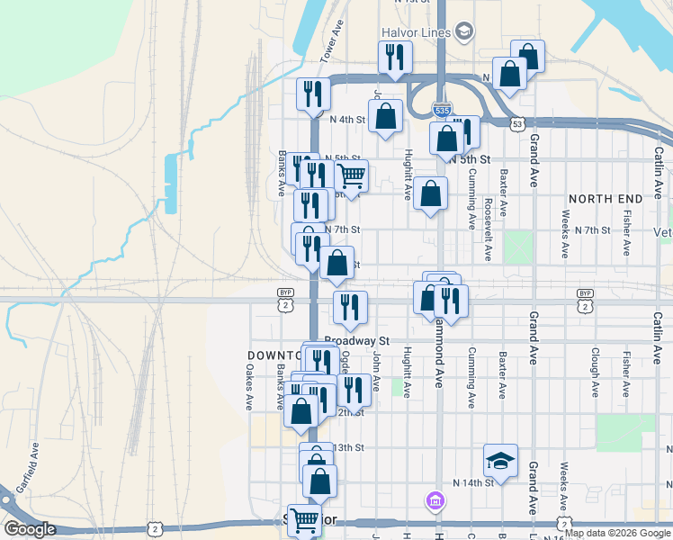 map of restaurants, bars, coffee shops, grocery stores, and more near 801 Ogden Avenue in Superior