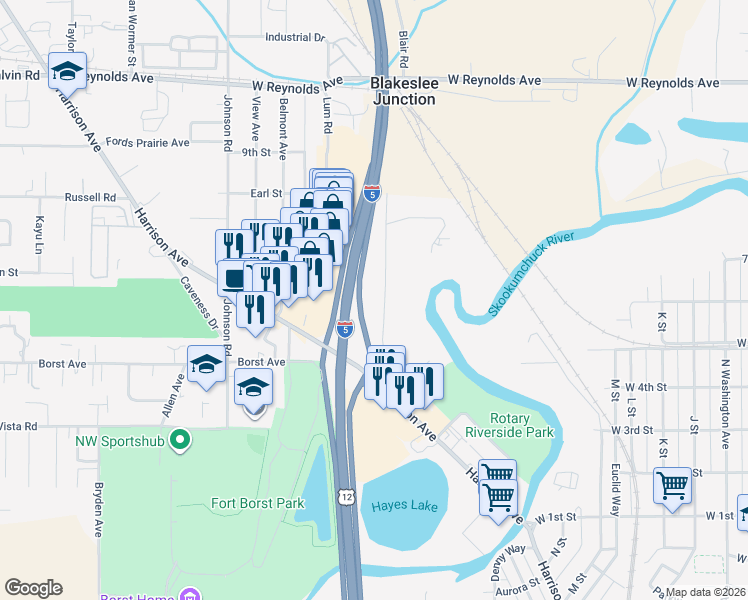 map of restaurants, bars, coffee shops, grocery stores, and more near 1049 Eckerson Road in Centralia