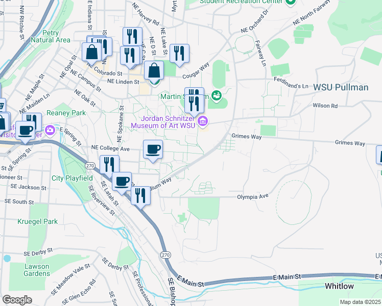 map of restaurants, bars, coffee shops, grocery stores, and more near 1470 Northeast College Avenue in Pullman