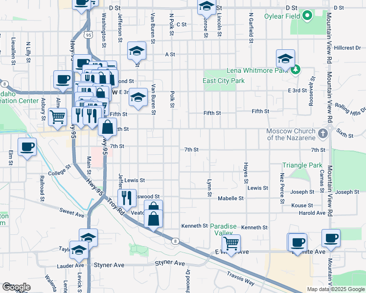 map of restaurants, bars, coffee shops, grocery stores, and more near 704 East 7th Street in Moscow