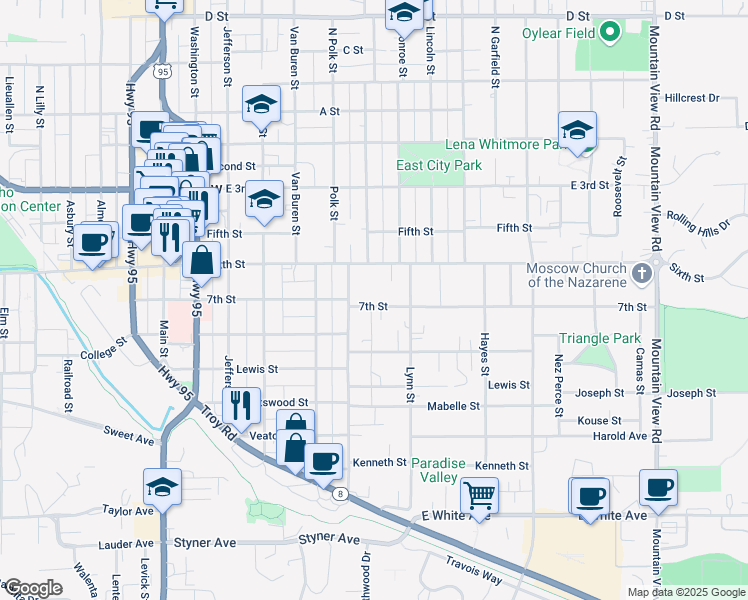 map of restaurants, bars, coffee shops, grocery stores, and more near 704 East 7th Street in Moscow