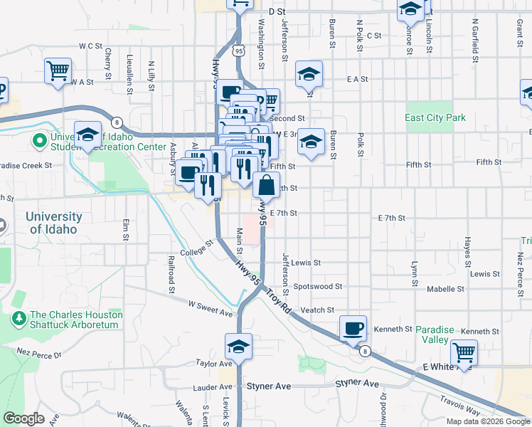 map of restaurants, bars, coffee shops, grocery stores, and more near 616 South Washington Street in Moscow