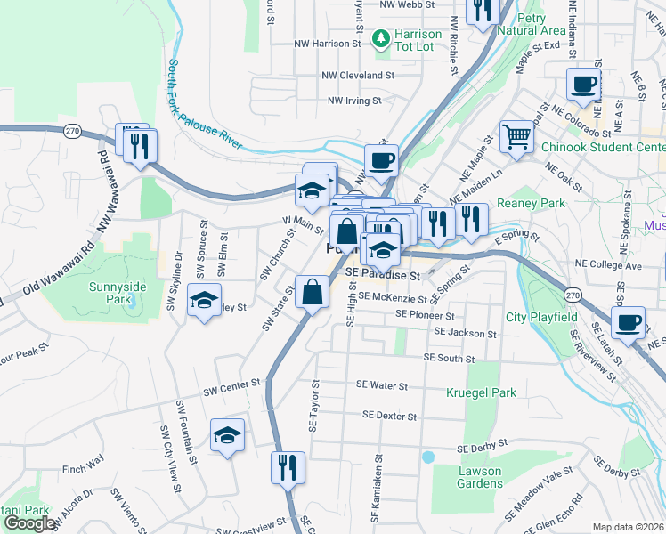map of restaurants, bars, coffee shops, grocery stores, and more near 130 Southwest State Street in Pullman