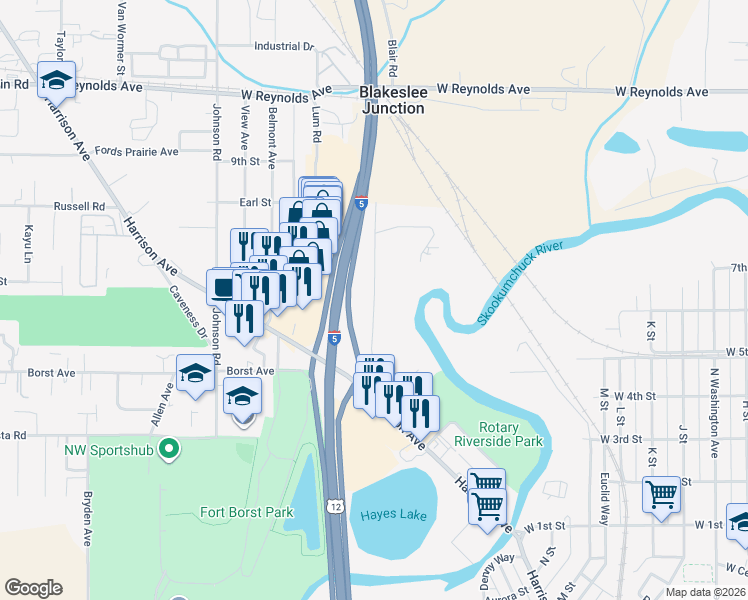 map of restaurants, bars, coffee shops, grocery stores, and more near 1110 Eckerson Road in Centralia