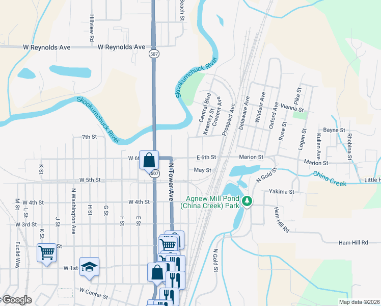 map of restaurants, bars, coffee shops, grocery stores, and more near 1212 B Street in Centralia