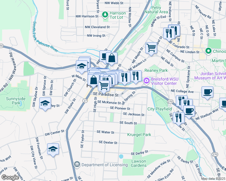 map of restaurants, bars, coffee shops, grocery stores, and more near 315 East Main Street in Pullman