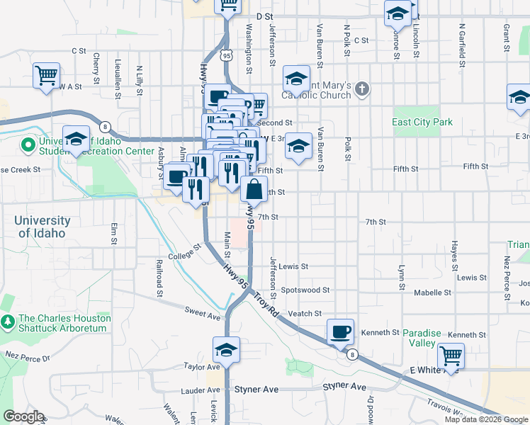 map of restaurants, bars, coffee shops, grocery stores, and more near 616 South Jefferson Street in Moscow