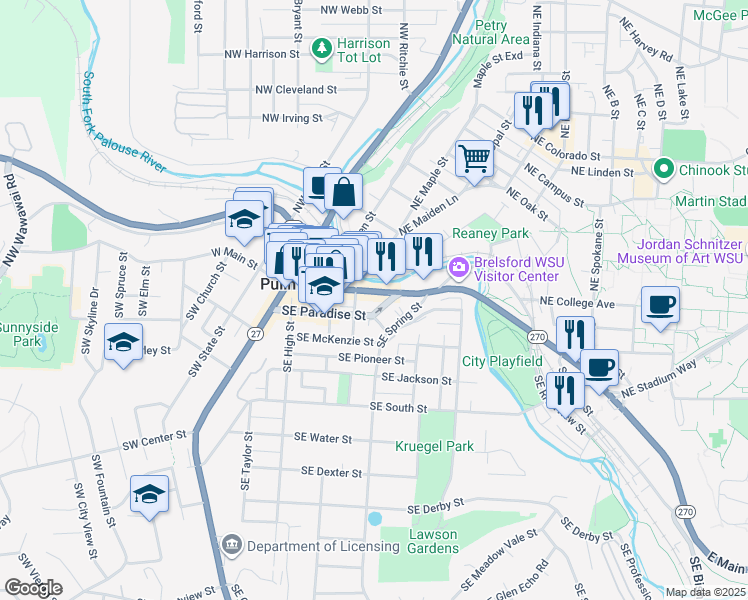map of restaurants, bars, coffee shops, grocery stores, and more near 435 East Main Street in Pullman