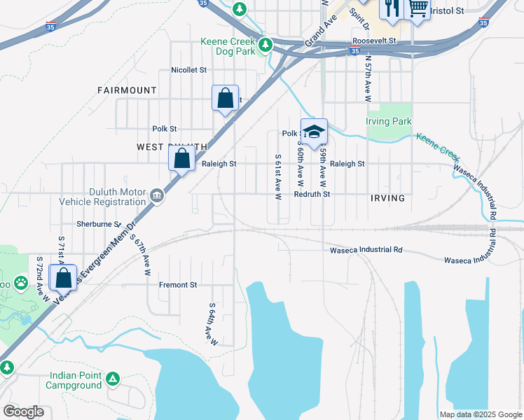 map of restaurants, bars, coffee shops, grocery stores, and more near 313 South 61st Avenue West in Duluth