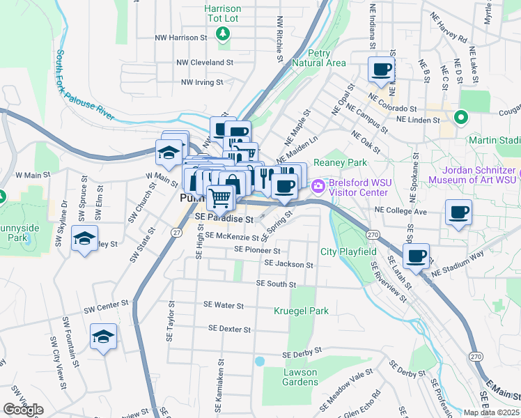 map of restaurants, bars, coffee shops, grocery stores, and more near 435 East Main Street in Pullman