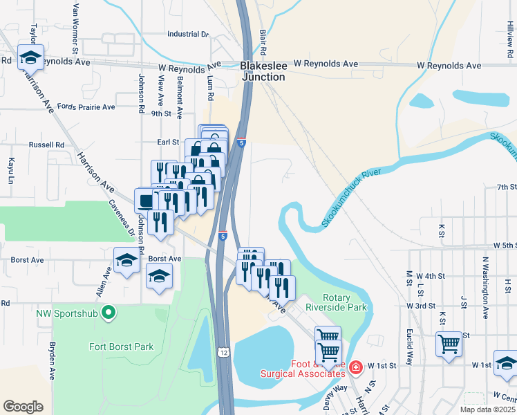 map of restaurants, bars, coffee shops, grocery stores, and more near 1110 Eckerson Road in Centralia