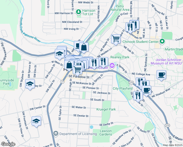 map of restaurants, bars, coffee shops, grocery stores, and more near 455 East Main Street in Pullman