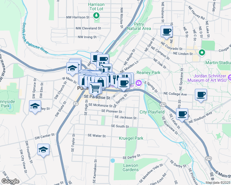 map of restaurants, bars, coffee shops, grocery stores, and more near 485 East Main Street in Pullman