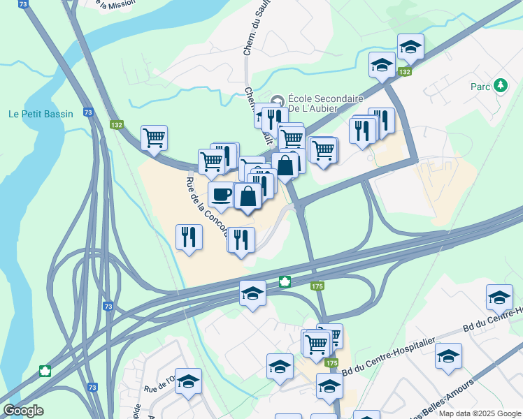 map of restaurants, bars, coffee shops, grocery stores, and more near 940 Chemin du Sault in Lévis