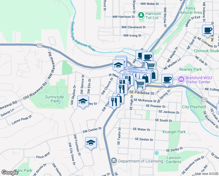 map of restaurants, bars, coffee shops, grocery stores, and more near 101-299 SW State St in Pullman