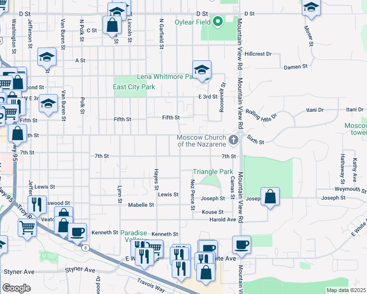 map of restaurants, bars, coffee shops, grocery stores, and more near 624 South Blaine Street in Moscow