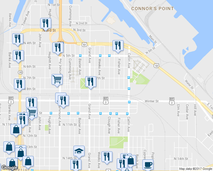 map of restaurants, bars, coffee shops, grocery stores, and more near 719 Clough Avenue in Superior