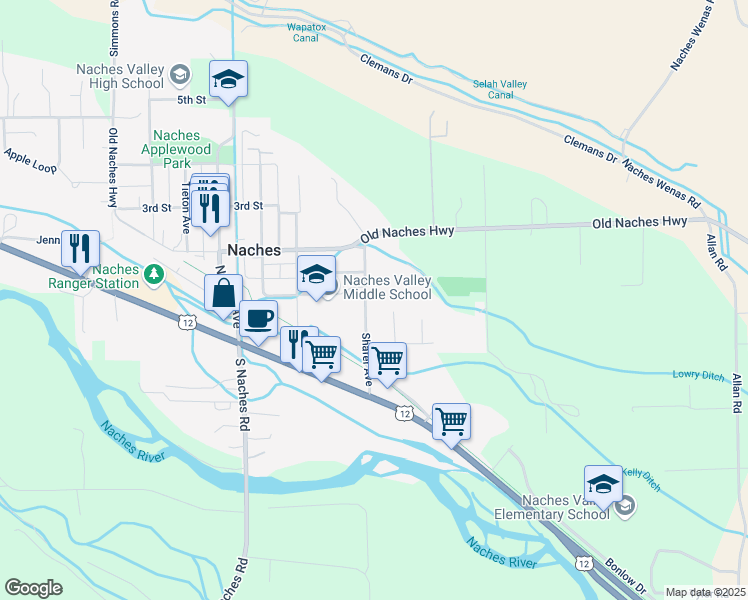 map of restaurants, bars, coffee shops, grocery stores, and more near 43 Shafer Avenue in Naches
