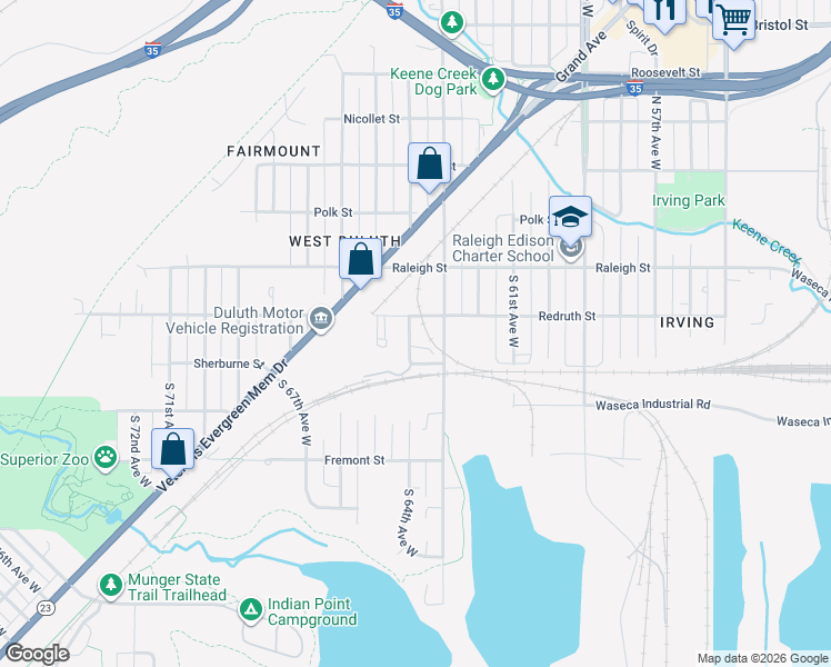 map of restaurants, bars, coffee shops, grocery stores, and more near 314 South 64th Avenue West in Duluth