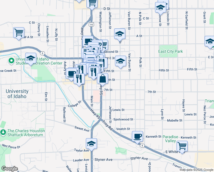 map of restaurants, bars, coffee shops, grocery stores, and more near 616 South Jefferson Street in Moscow
