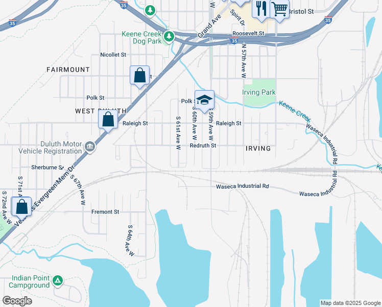 map of restaurants, bars, coffee shops, grocery stores, and more near 311 South 60th Avenue West in Duluth