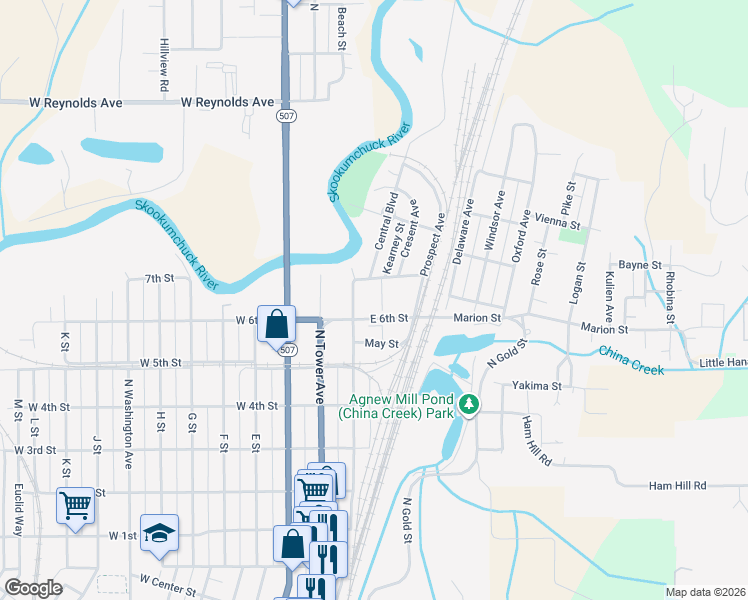 map of restaurants, bars, coffee shops, grocery stores, and more near 1212 B Street in Centralia