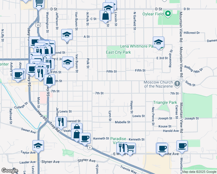 map of restaurants, bars, coffee shops, grocery stores, and more near 615 South Lynn Street in Moscow