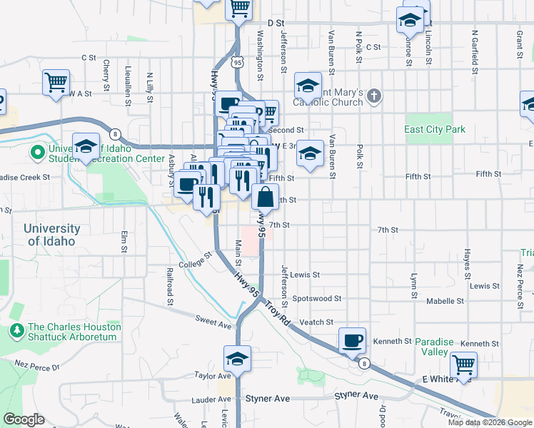 map of restaurants, bars, coffee shops, grocery stores, and more near 616 South Washington Street in Moscow